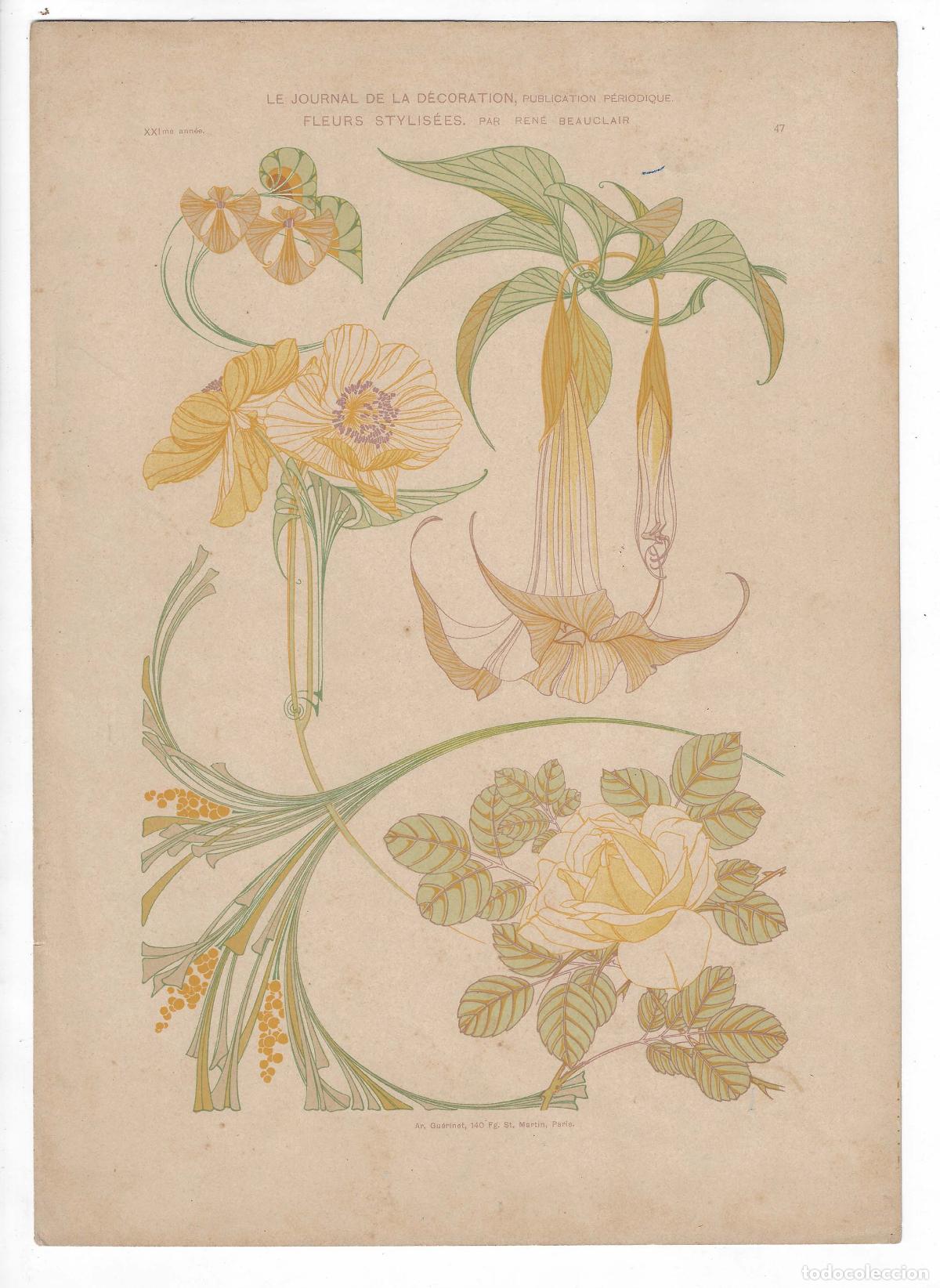 Arte: JOURNAL DE LA DECORATION A&Ntilde;O XXI L&Aacute;M. 47. FLEURS STYLIS&Eacute;ES (Ren&eacute; Beauclair). CROMOLITOGRAF&Iacute;A 63x46