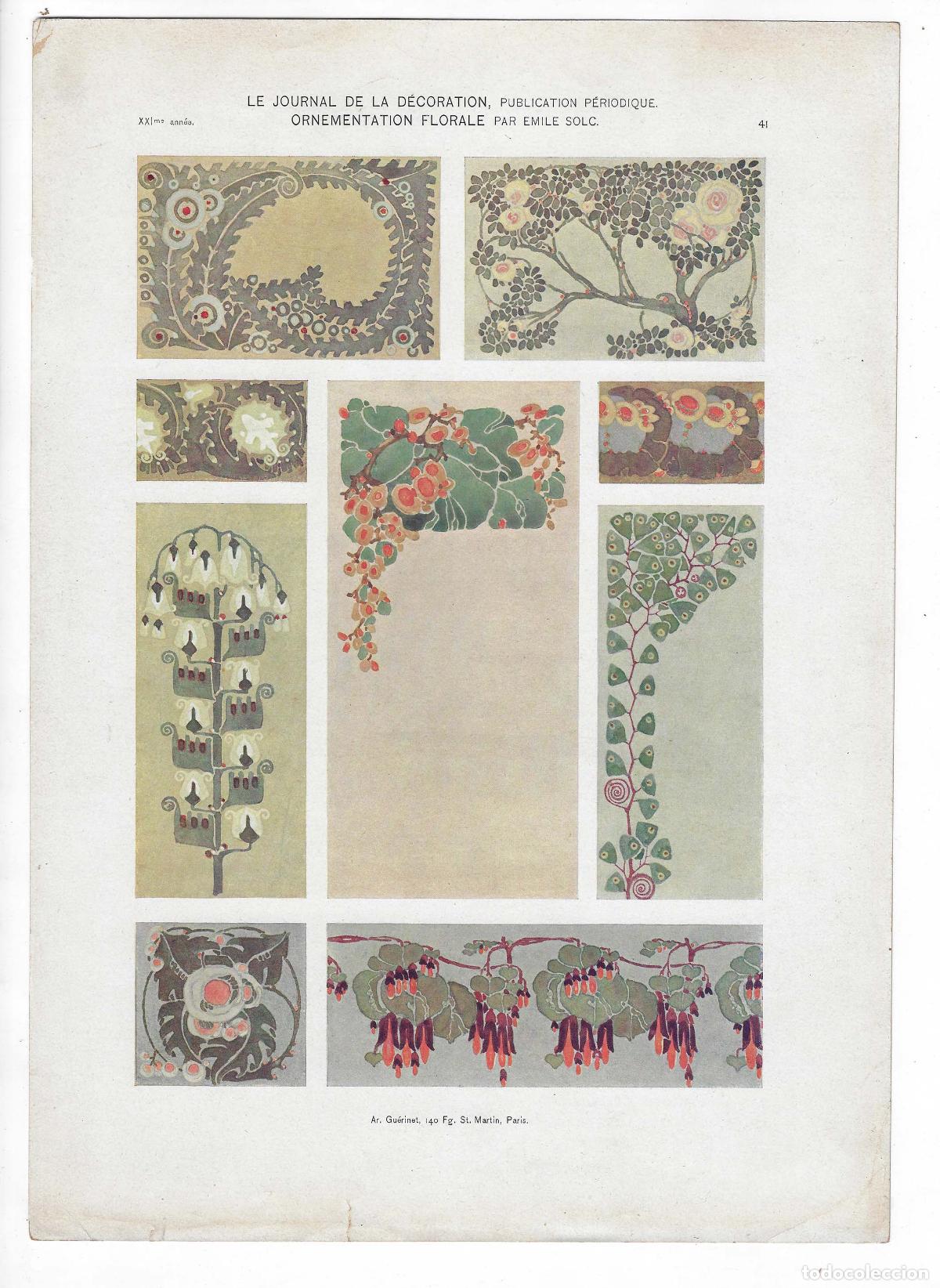 Arte: JOURNAL DE LA DECORATION A&Ntilde;O XXI L&Aacute;M. 41. ORNEMENTATION FLORALE (Emile Solc). CROMOLITOGRAF&Iacute;A 63x46