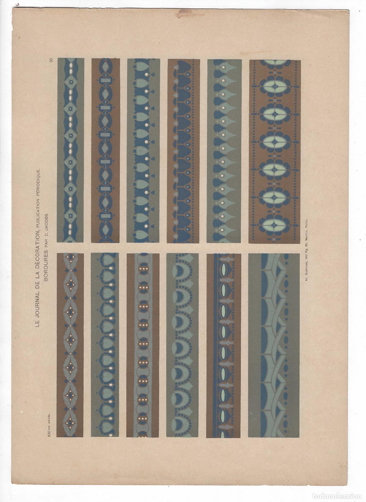 Arte: JOURNAL DE LA DECORATION A&Ntilde;O XXI L&Aacute;M. 30. BORDURES (C. Jacobs) Circa 1907. CROMOLITOGRAF&Iacute;A 63x46