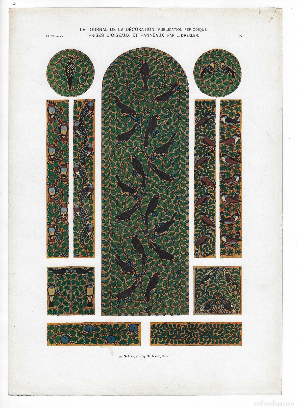 Arte: JOURNAL DE LA DECORATION A&Ntilde;O XXI L&Aacute;M. 16. FRISES D'OISEAUX ET PANNEAUX (L. Drexler). CROMOLITOGRAF&Iacute;A