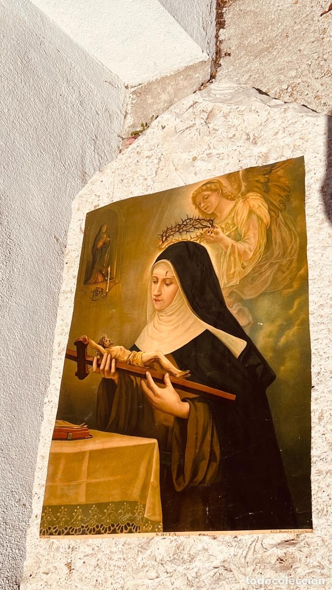 Arte: Cromolitograf&iacute;a entelada Santa Rita religiosa &aacute;ngel corona espinas cruz KFZ SUIZA 71,5x52cms