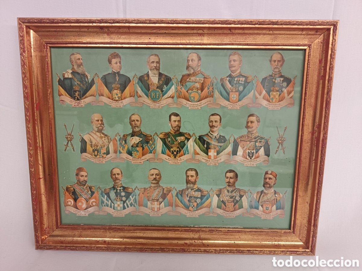 Arte: ANTIGUA CROMOLITOGRAF&Iacute;A, SOBERANOS Y JEFES DE ESTADO DE EUROPA, ENMARCADA, ORIGINAL