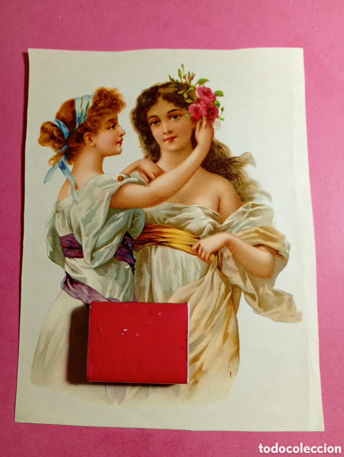 Arte: antigua imagen dos bellas j&oacute;venes adorn&aacute;ndose con flores el cabello cromolitograf&iacute;a oleograf&iacute;a