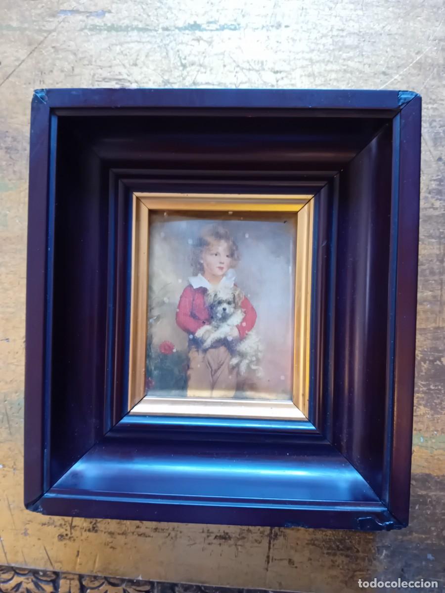 Arte: Ni&ntilde;o con perro cromolitograf&iacute;a en seda d&eacute;cada de los 50/60.