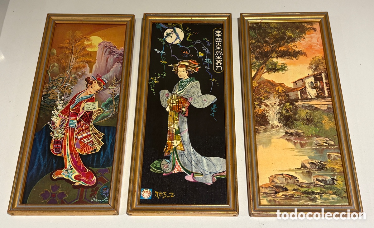 Arte: (L726) Cuadros vintage a&ntilde;os 60-70 | Geishas orientalistas + paisaje | Marco dorado