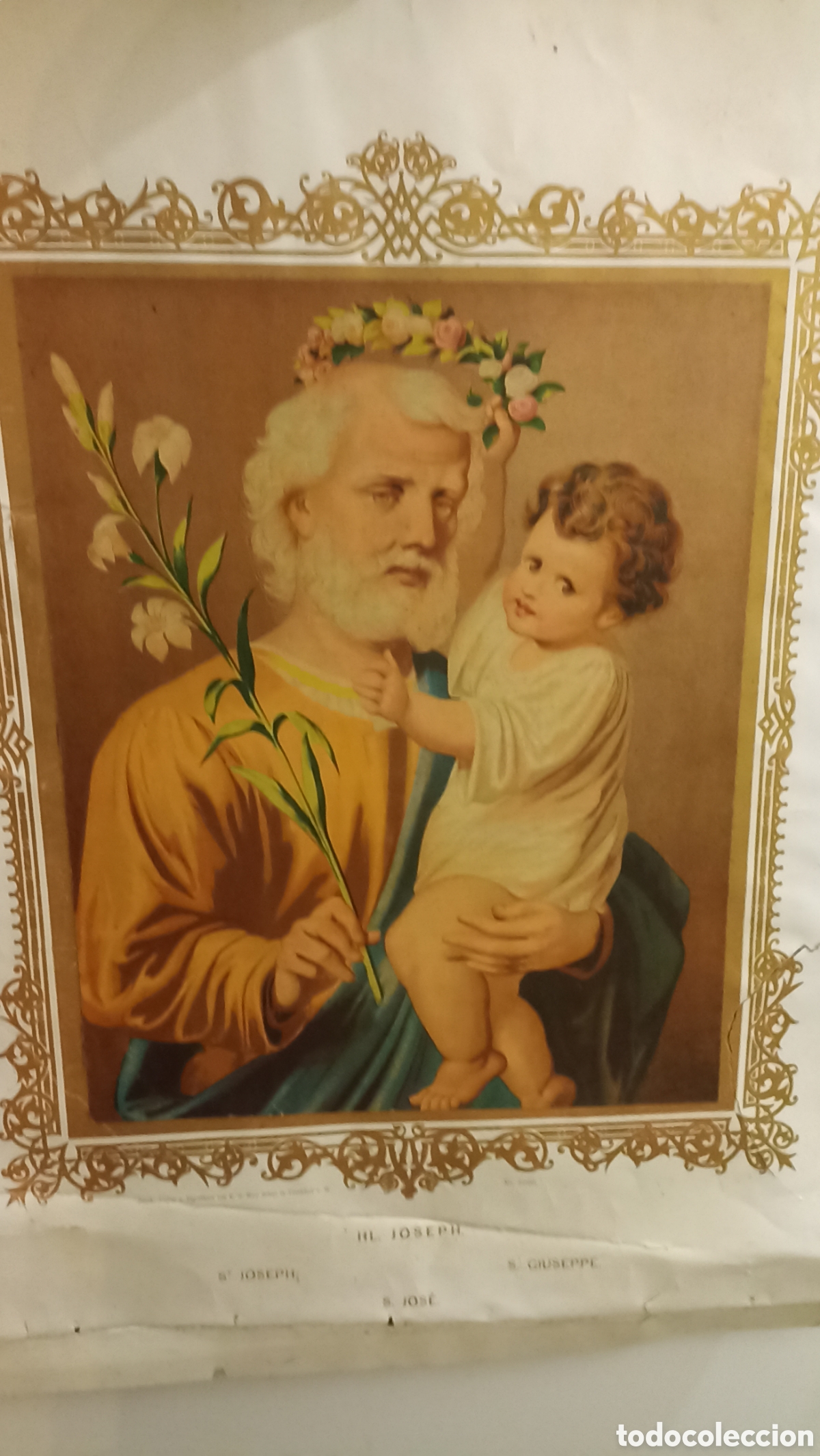Arte: Gran Cromolitograf&iacute;a Antigua San Jos&eacute; y el Ni&ntilde;o - E.G. May S&ouml;hne (Frankfurt) - 70x40 cm - Siglo XIX