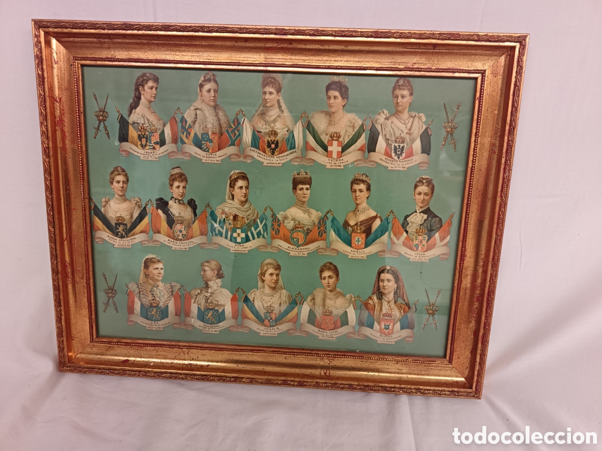 Arte: ANTIGUA CROMOLITOGRAFIA ENMARCADA, REINAS DE EUROPA
