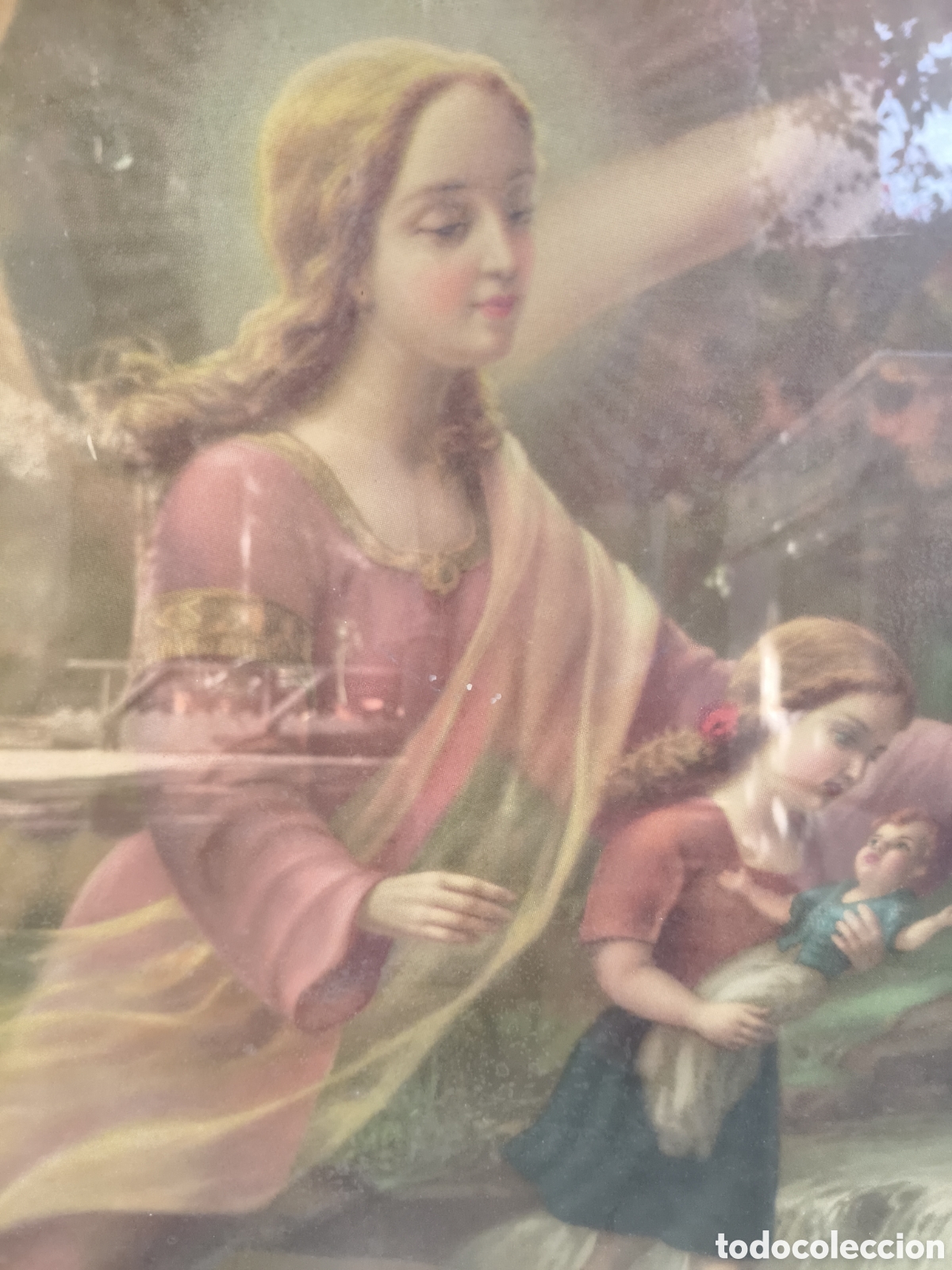 Arte: ENORME CUADRO CABECERO ANGEL DE LA GUARDA Y NI&Ntilde;OS CROMOLITOGRAFIA A&Ntilde;OS 40