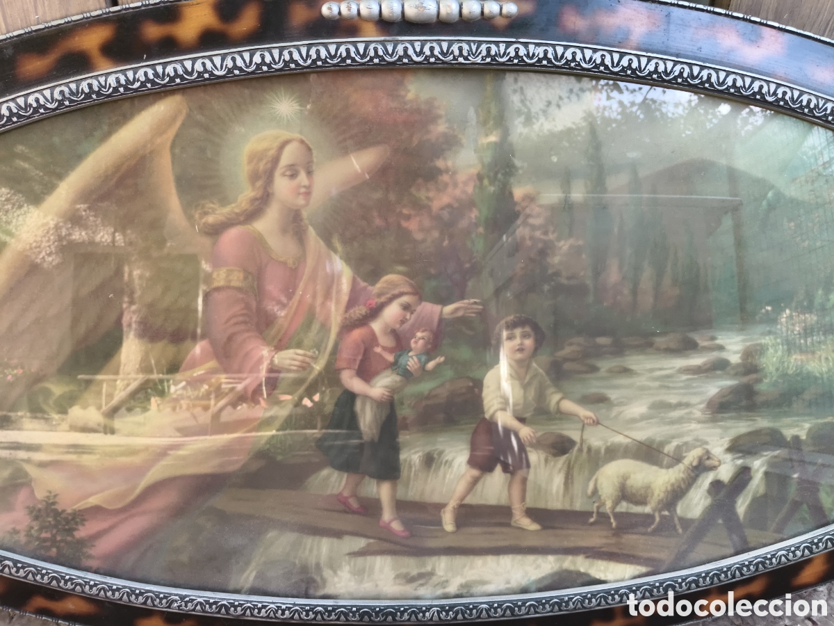 Art: ENORME CUADRO CABECERO DE LUJO CON ANGEL DE LA GUARDA Y NI&Ntilde;OS CROMOLITOGRAFIA A&Ntilde;OS 40