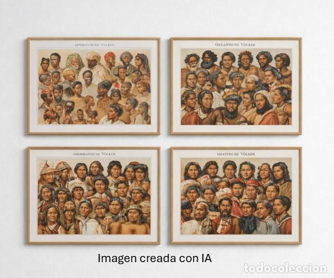 Arte: Lote de 4 cromolitograf&iacute;as originales &laquo;V&ouml;lker&raquo; &mdash; Gustav M&uuml;tzel / Meyers Konversations-Lexikon, 4&ordf; ed