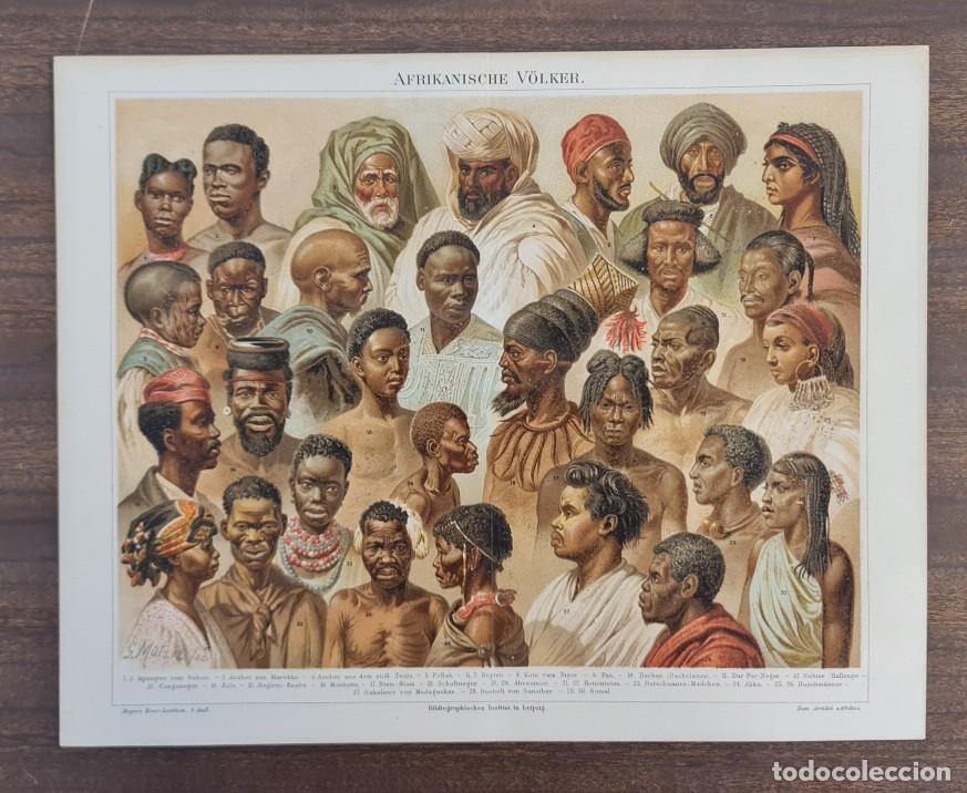 Arte: Lote de 4 cromolitograf&iacute;as originales &laquo;V&ouml;lker&raquo; &mdash; Gustav M&uuml;tzel / Meyers Konversations-Lexikon, 4&ordf; ed