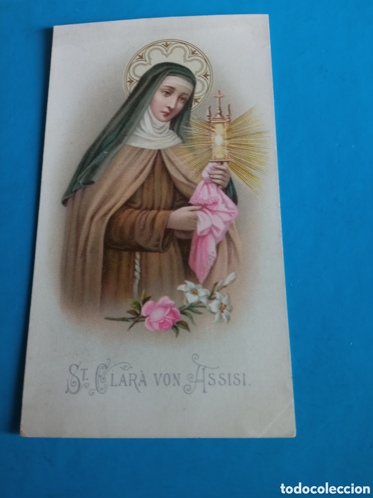 Arte: Antigua cromolitografia, Santa Clara Von Assisi, mide 12,3x6,8 cm