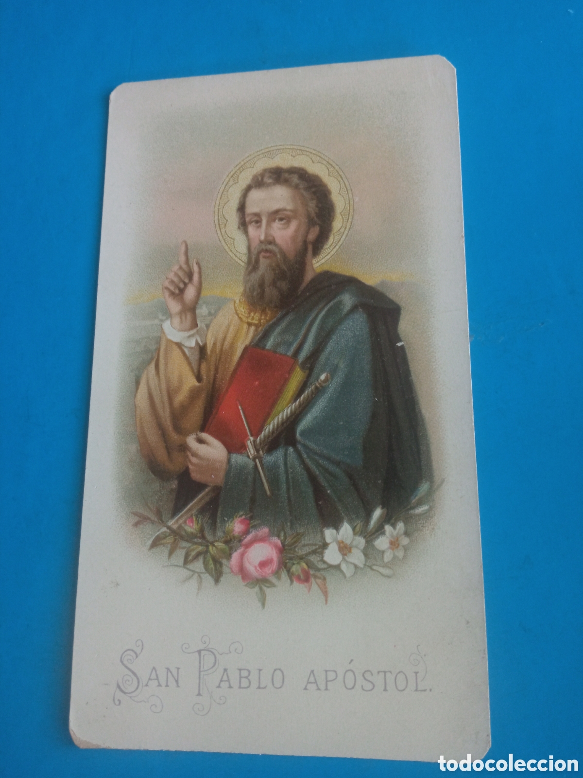 Arte: Antigua cromolitografia, San Pablo Ap&oacute;stol, con oraci&oacute;n, mide 12,4x6,9cm