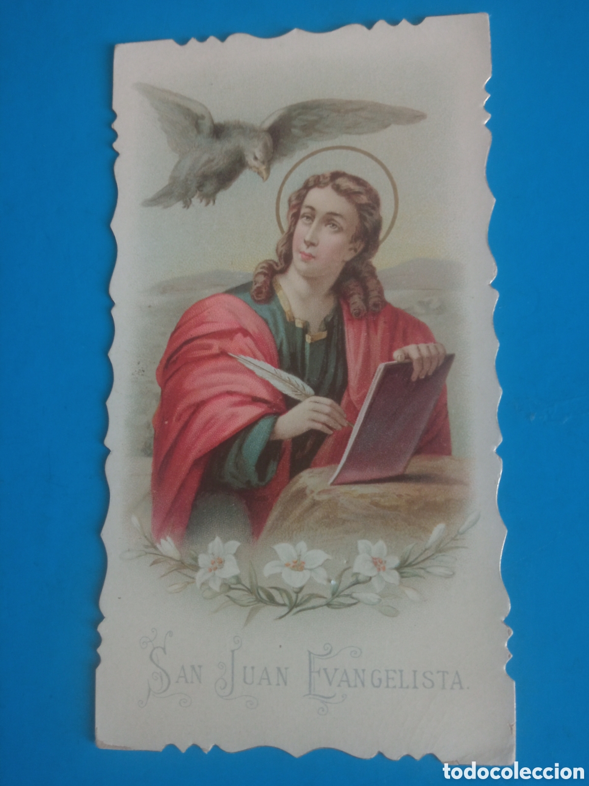 Arte: Antigua cromolitografia con oraci&oacute;n, San Juan Evangelista mide 12,4x6,8cm