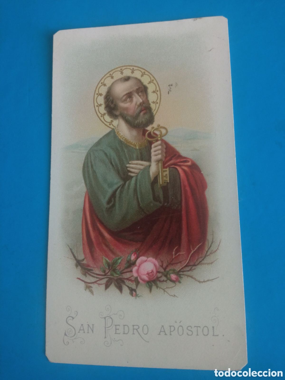 Arte: Antigua cromolitografia, San Pedro Ap&oacute;stol, con oraci&oacute;n, mide 12,4x6,8cm