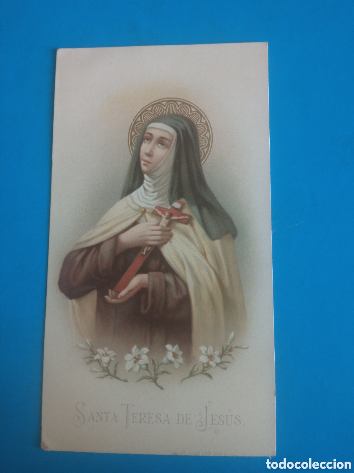 Arte: Antigua cromolitografia, Santa Teresa de Jes&uacute;s, con oraci&oacute;n, mide 12,5x6,8 cm