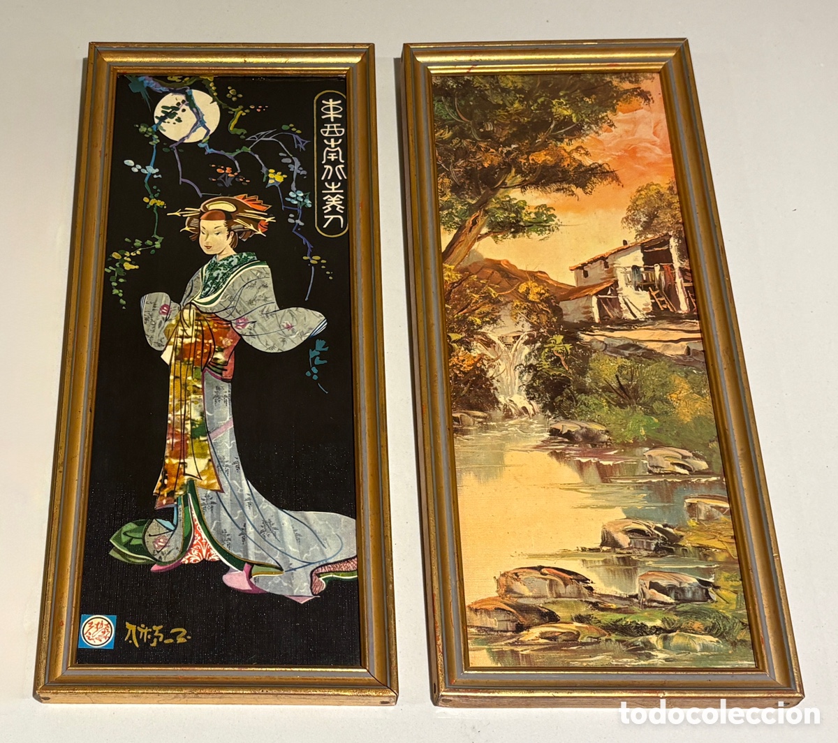 Art: (L726) Cuadros vintage a&ntilde;os 60-70 | Geishas orientalistas + paisaje | Marco dorado