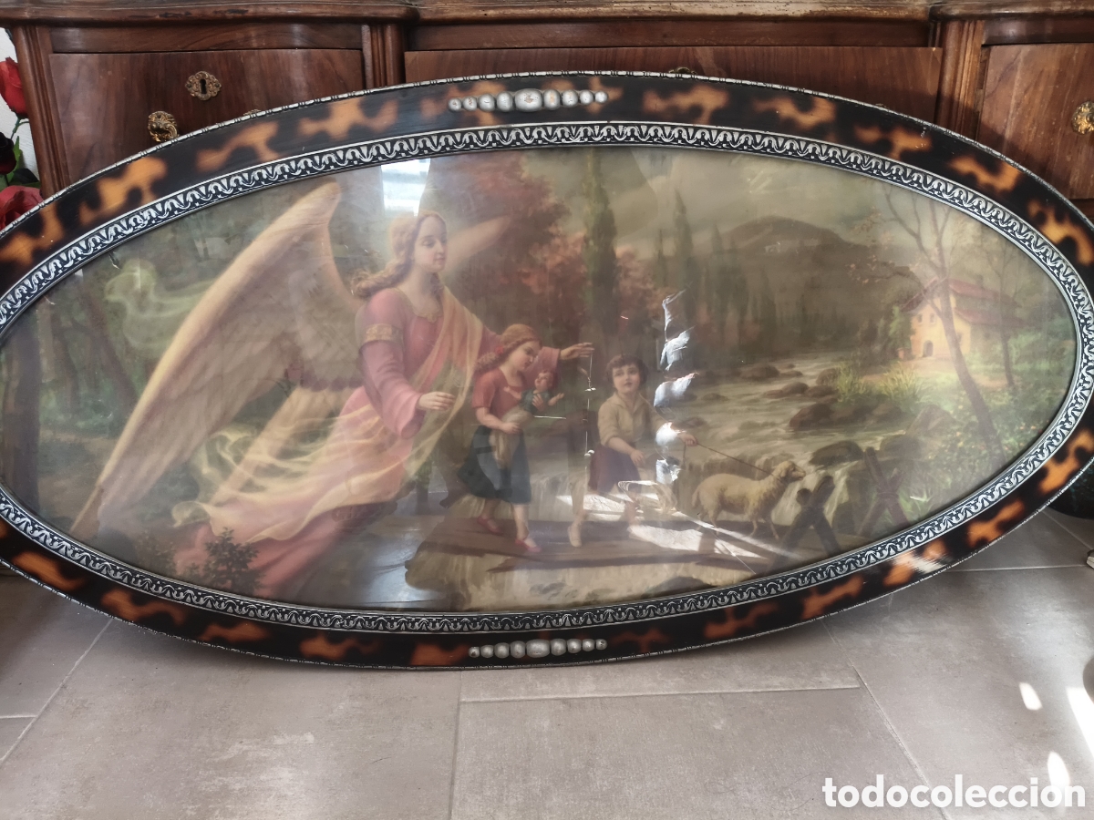 Art: ENORME CUADRO CABECERO DE LUJO CON ANGEL DE LA GUARDA Y NI&Ntilde;OS CROMOLITOGRAFIA A&Ntilde;OS 40