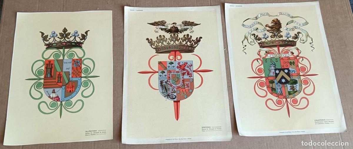 Arte: 3 cromolitograf&iacute;as de armas y blasones ALCANTARA marqu&eacute;s de Senda Blanca SANTIAGO MARQU&Eacute;S DE T&Aacute;VAR