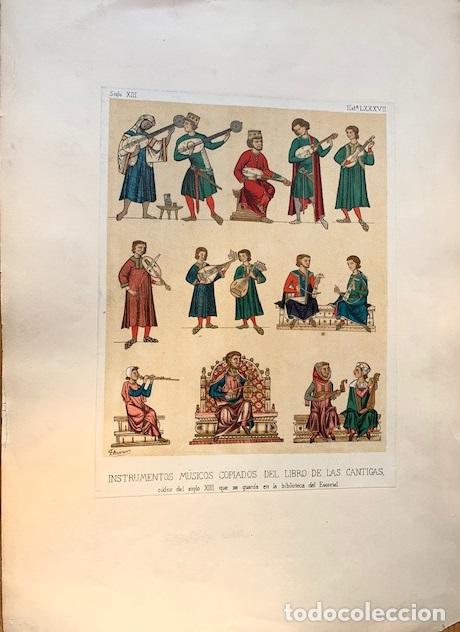 Arte: Instrumentos m&uacute;sicos de las Cantigas - Cromolitograf&iacute;a original s. XIX