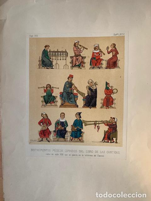Arte: M&uacute;sicos de las Cantigas de Alfonso X - Cromolitograf&iacute;a original s. XIX