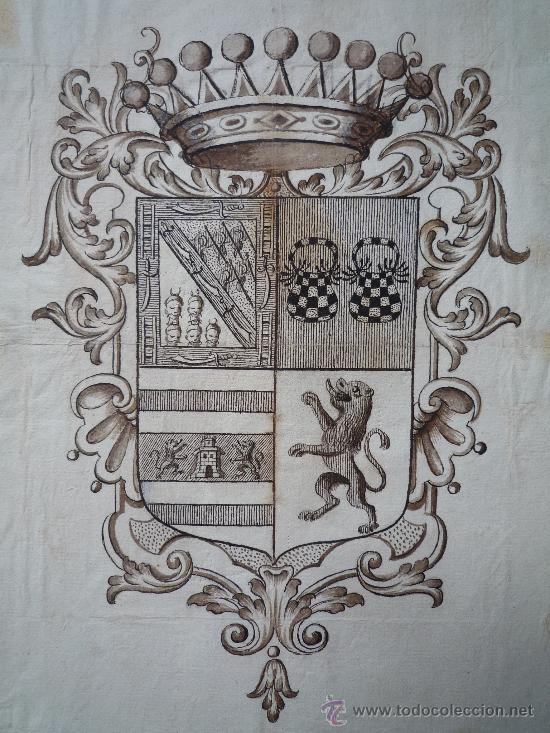 Arte: Excelente escudo de armas de finales del siglo XVI, papel verjurado, 5 cabezas cortadas - Foto 10 - 27378323
