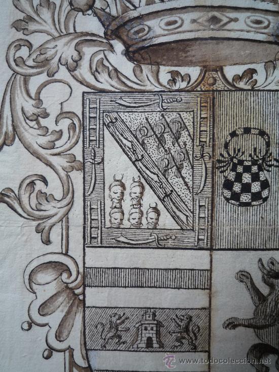 Arte: Excelente escudo de armas de finales del siglo XVI, papel verjurado, 5 cabezas cortadas - Foto 9 - 27378323