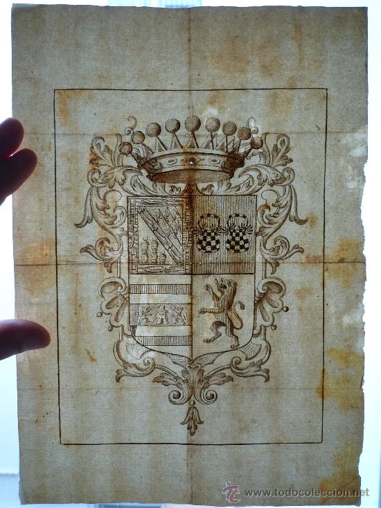 Arte: Excelente escudo de armas de finales del siglo XVI, papel verjurado, 5 cabezas cortadas - Foto 3 - 27378323
