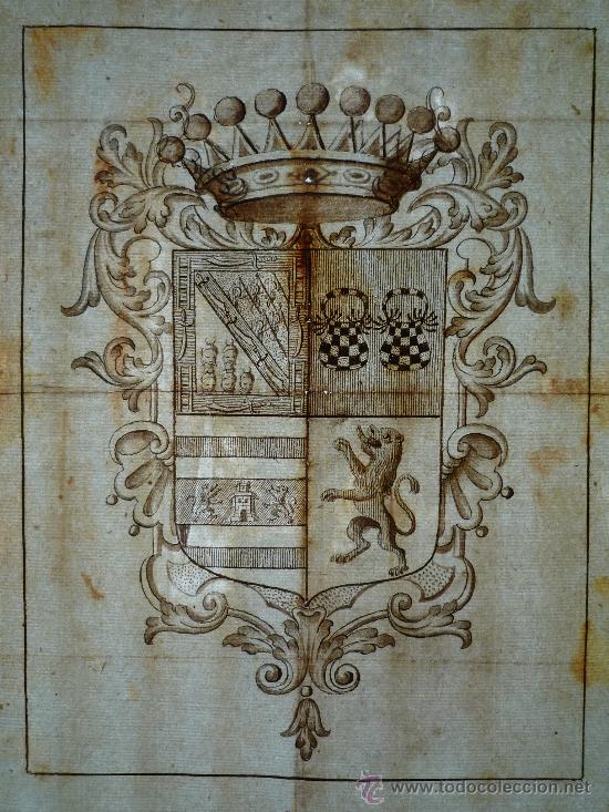 Arte: Excelente escudo de armas de finales del siglo XVI, papel verjurado, 5 cabezas cortadas - Foto 2 - 27378323