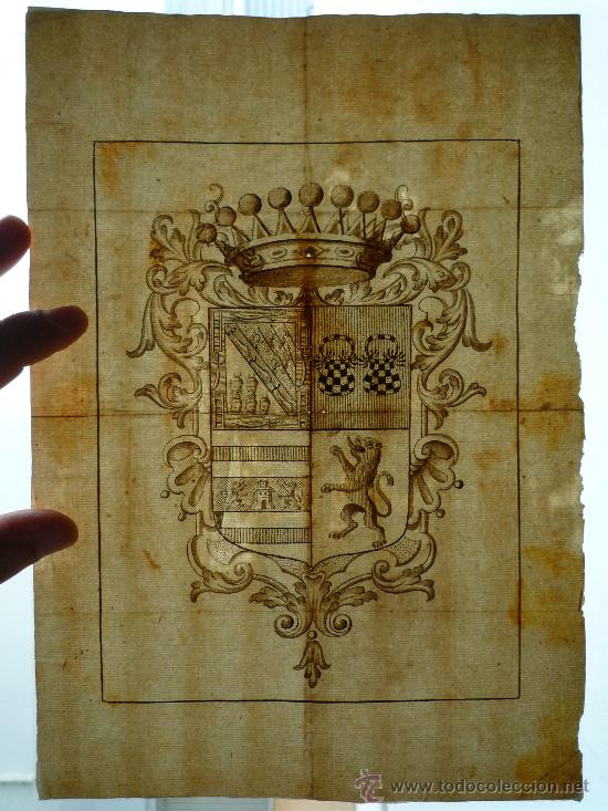 Arte: Excelente escudo de armas de finales del siglo XVI, papel verjurado, 5 cabezas cortadas - Foto 8 - 27378323