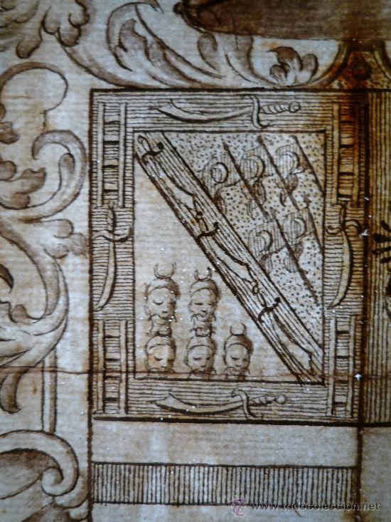 Arte: Excelente escudo de armas de finales del siglo XVI, papel verjurado, 5 cabezas cortadas - Foto 6 - 27378323