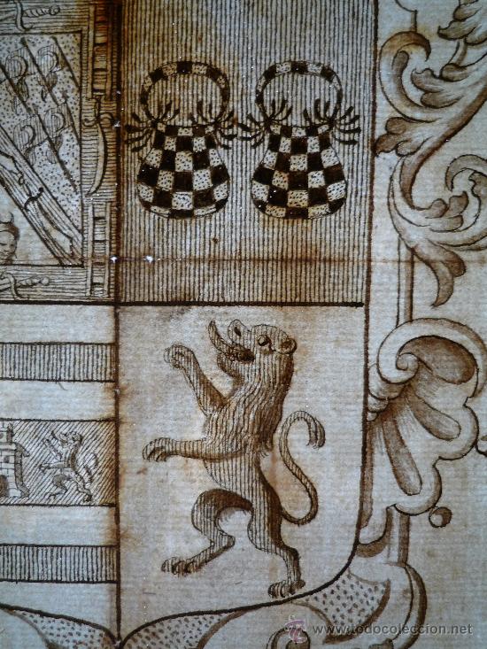 Arte: Excelente escudo de armas de finales del siglo XVI, papel verjurado, 5 cabezas cortadas - Foto 7 - 27378323