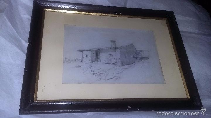 Arte: DIBUJO ENMARCADO ANTIGUO PP. S. XX PAISAJE CASA