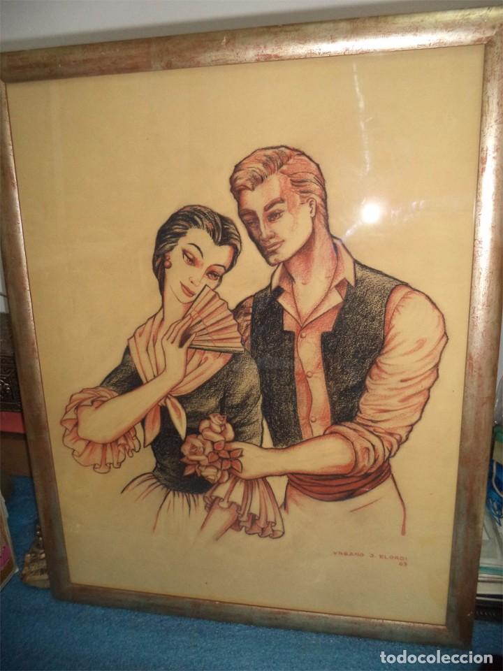 Arte: GRAN CUADRO SANGUINA PAREJA DE VASCOS FIRMADA URBANO J. ELORDI 63 Mide 60/48 cm