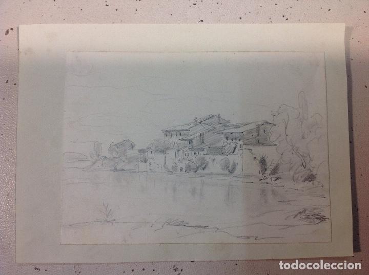 Arte: Escuela espa&ntilde;ola S.XIX. Casas y rio - Foto 1