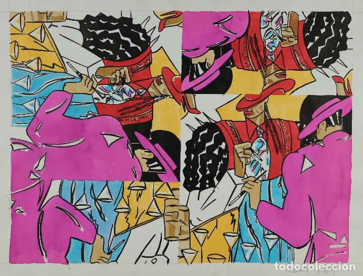 Art: Rotulador y acuarela sobre papel Escena hombres fumando con copas firmado Anart 1999