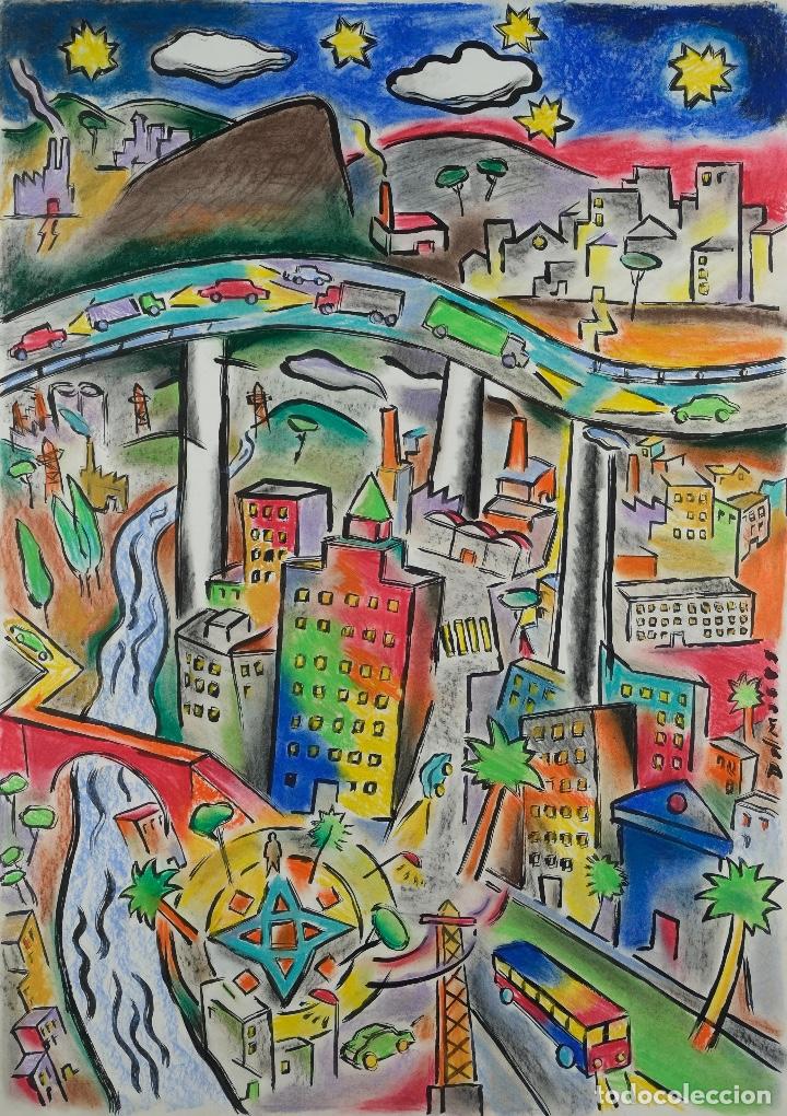 Art: Dibujo hecho con tinta y ceras Vista urbana firmado Dalmases siglo XX