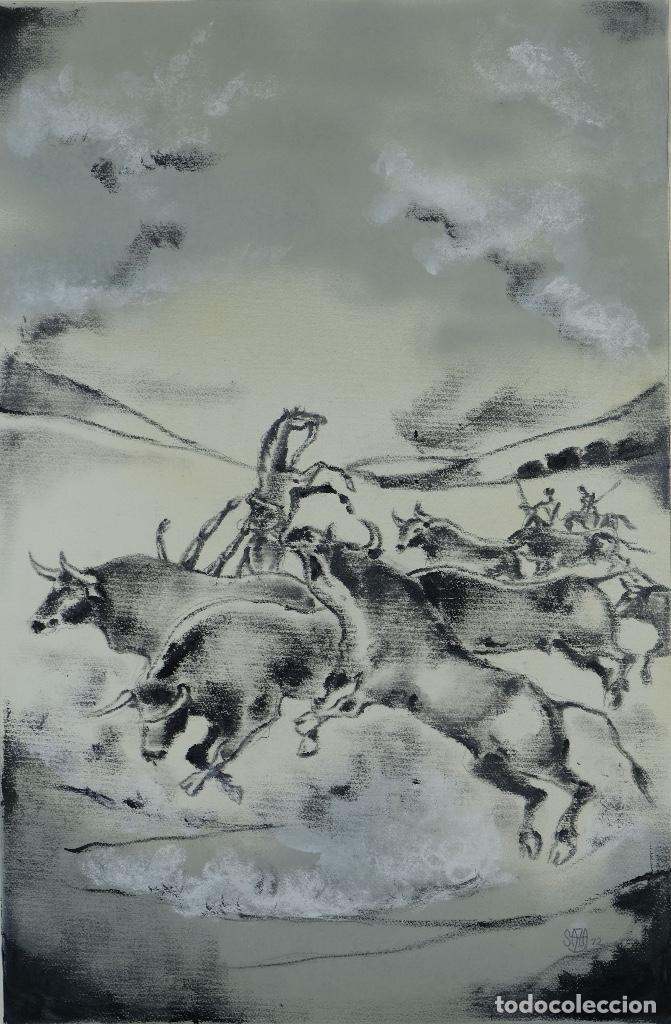 Arte: Ceras y gouache sobre papel Toros en el campo firmado Saza 72