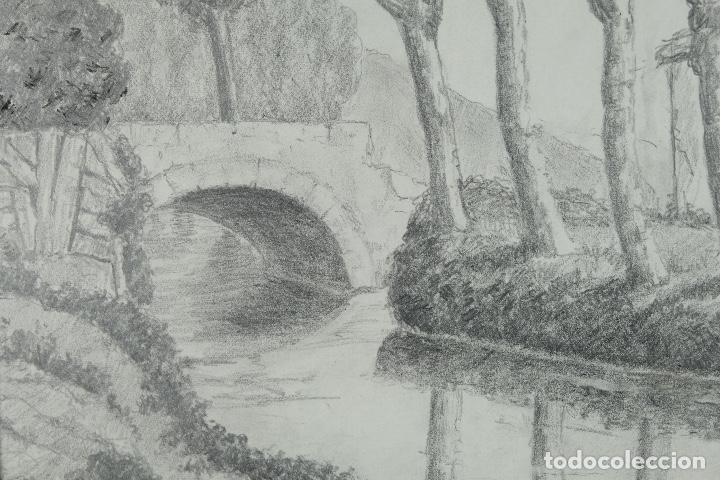 Dibujo a lápiz paisaje lago con Casa y puente mediados siglo XX.