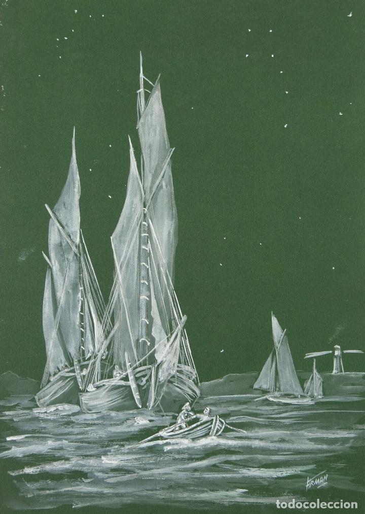 Arte: Goauche sobre papel Barcos en el mar firmado Firman tercer tercio siglo XX