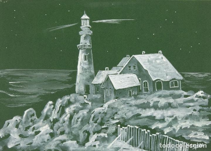 Arte: Goauche sobre papel Paisaje costa con casas y faro firmado Serman tercer tercio siglo XX