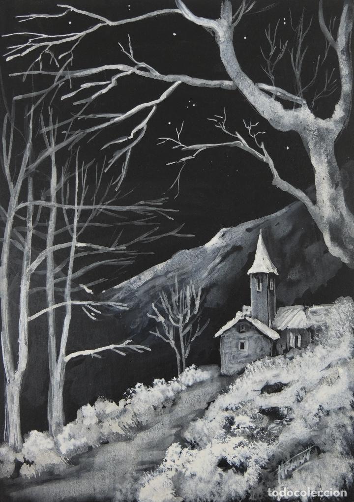 Arte: Goauche sobre papel Paisaje camino con casa firmado Firman tercer tercio siglo XX