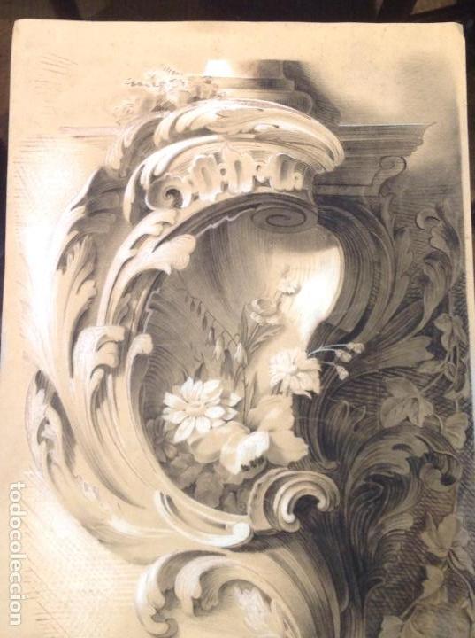 Arte: An&oacute;nimo. Ornamento arquitect&oacute;nico y flores. - Foto 1