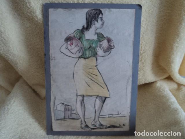 Arte: PRECIOSO DIBUJO DE CARLOS ELISEO CANDAS ASTURIAS PERSONAJE DEL PUEBLO SIN ENMARCAR