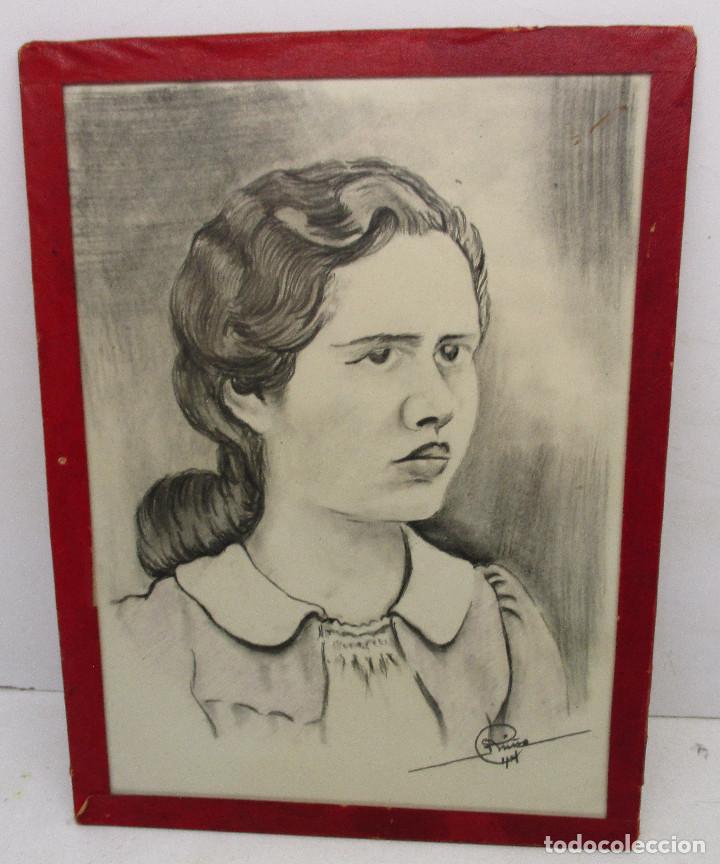 Arte: Bonito y peque&ntilde;o retrato de muchacha, firmado RI&Ntilde;O 44, dibujo, original