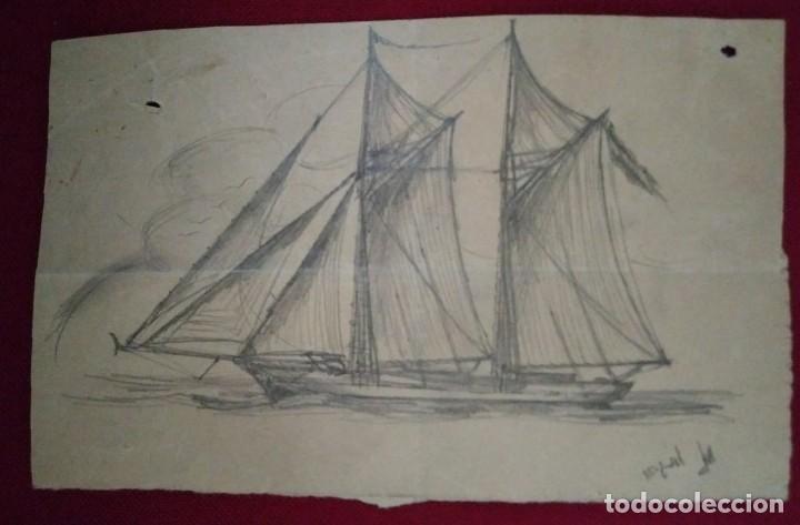 1941 Barco de vela sobre papel muy fino. Dibujo original firmado. 20x13 cm