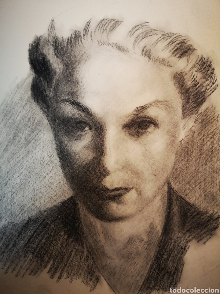 Art: Retrato a lapiz / carbon sobre papel, retrato femenina, buen trazo, an&oacute;nimo 30x20cm