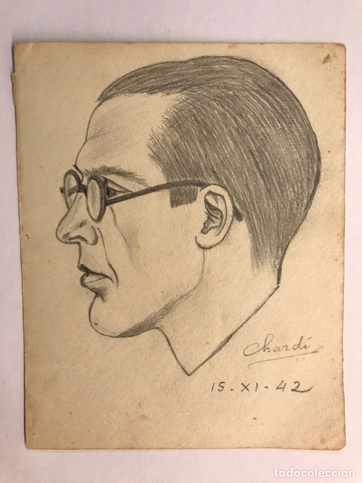 Kunst: CHARDI. Carboncillo Retrato de Joven. Medidas: 14,5 x 11,5 cm., firma autor Chardi (a.1942)