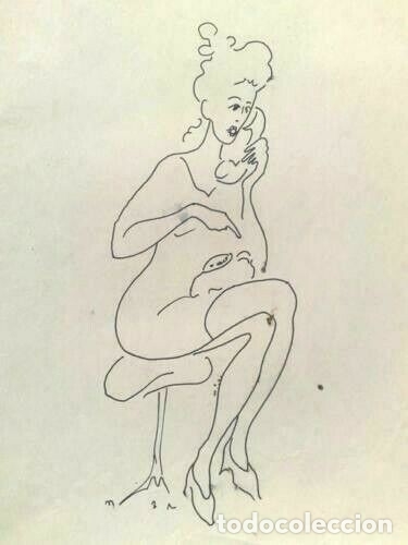 Art: Dibujo original de tinta vintage - dama que habla
