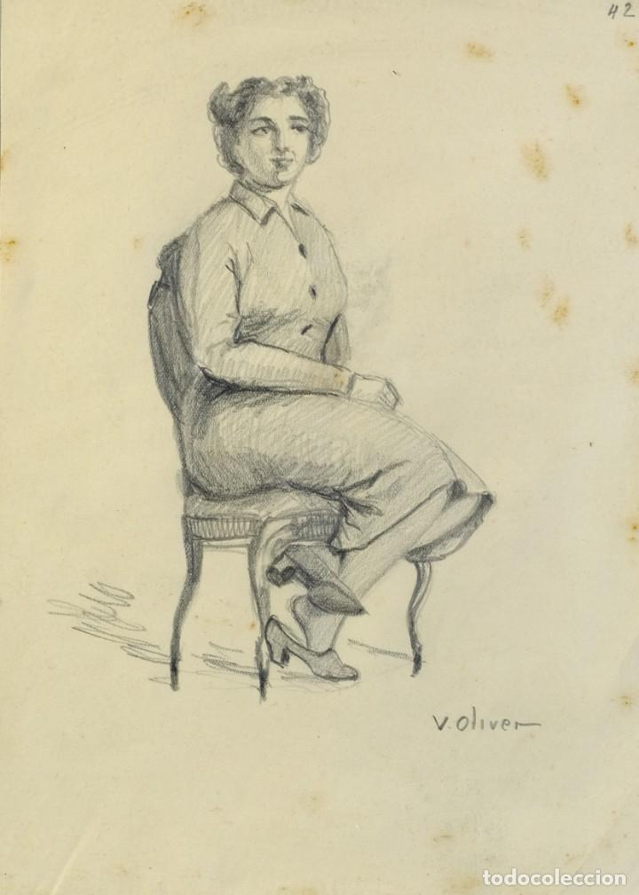 vicente oliver (1861-1930) dibujo a lápiz mujer - Compra venta en  todocoleccion